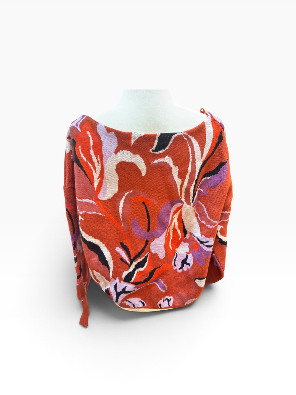 Anthropologie Maeve Red Floral Orange Boat Neck Sweater Blouson Sleeves Size L